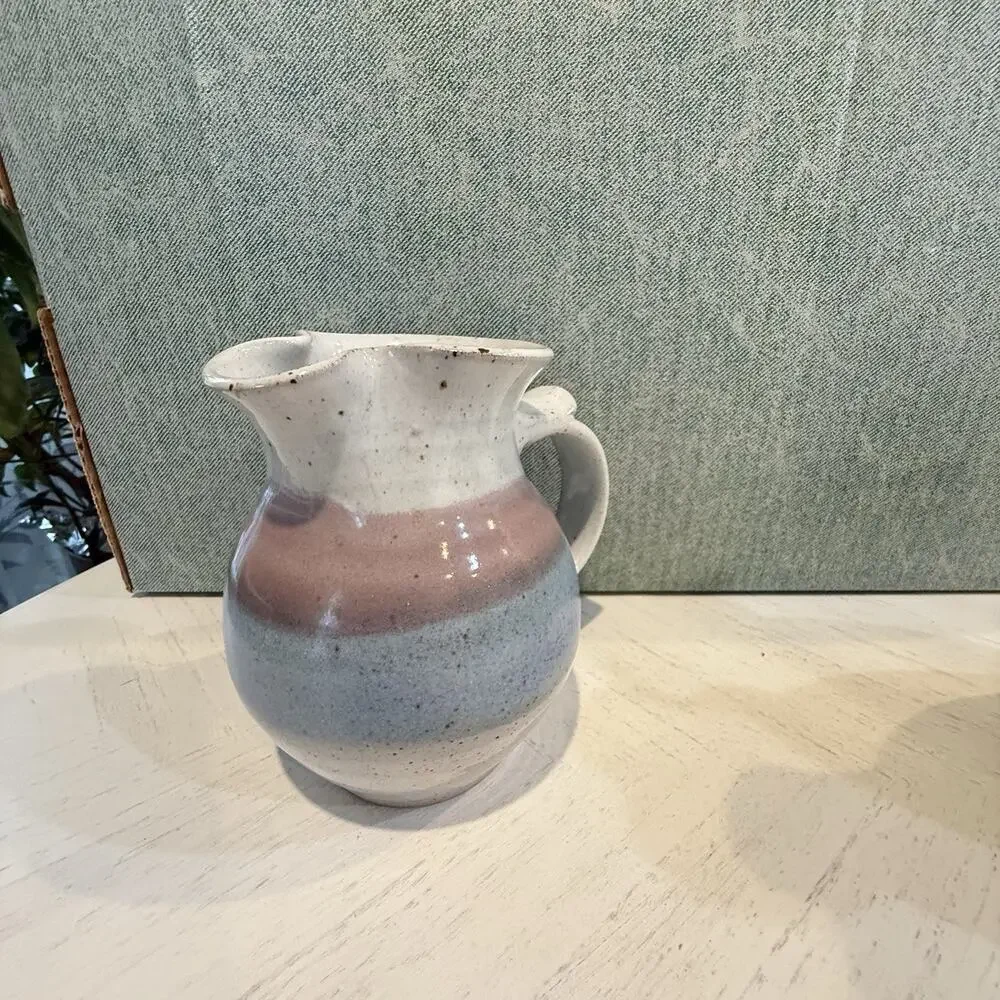 VTG Alewine Pottery Hand Thrown Glazed Pitcher Creamer 5.5” Pastel Pink Blue EUC